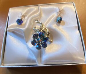 Blue Rhinestone Flower Brooch Earrings Set Silver Tone Crystal Jewelry Sparkle